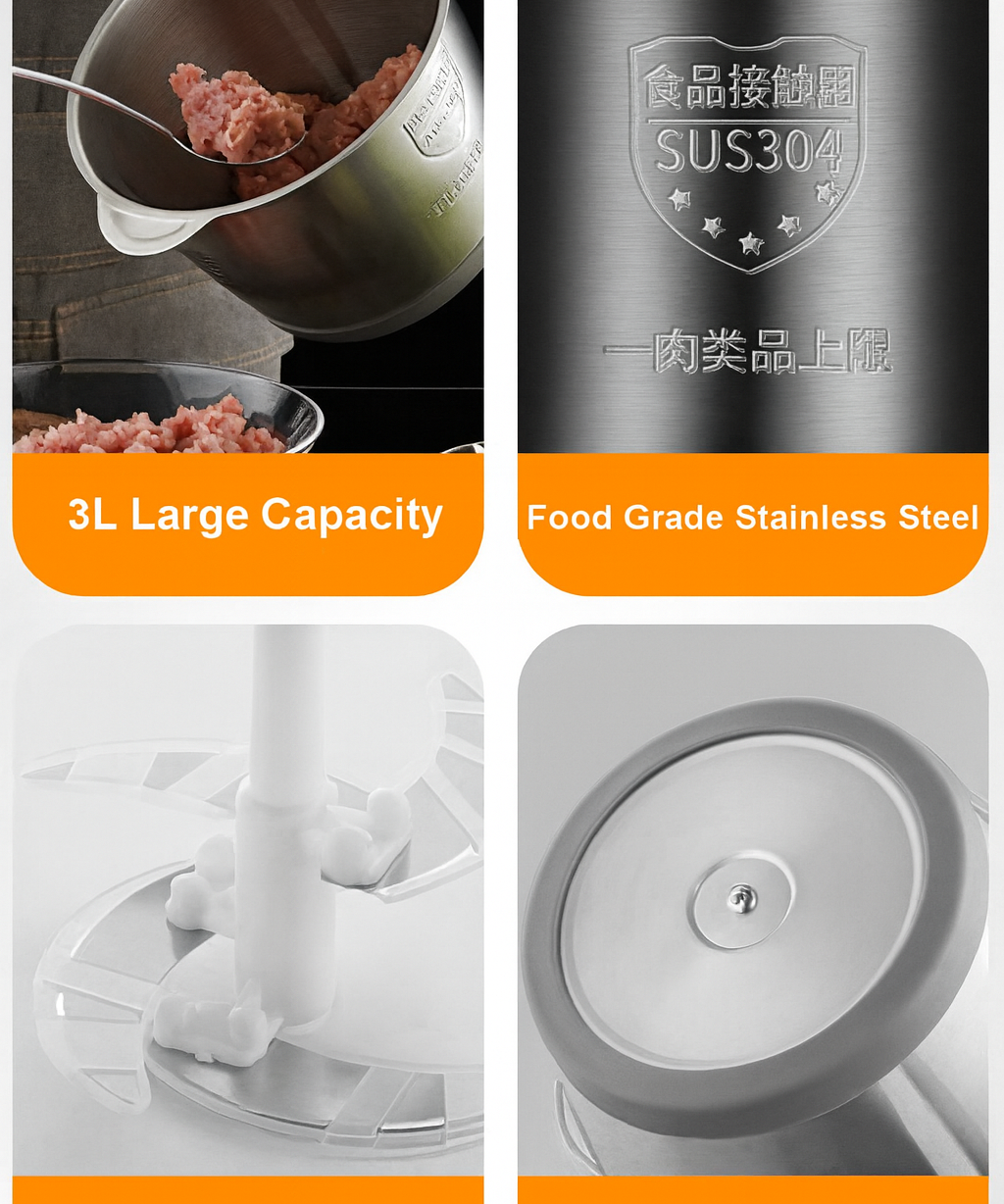 3L Electric Food Chopper Stainless Steel Double Blade Kitchen Grinder