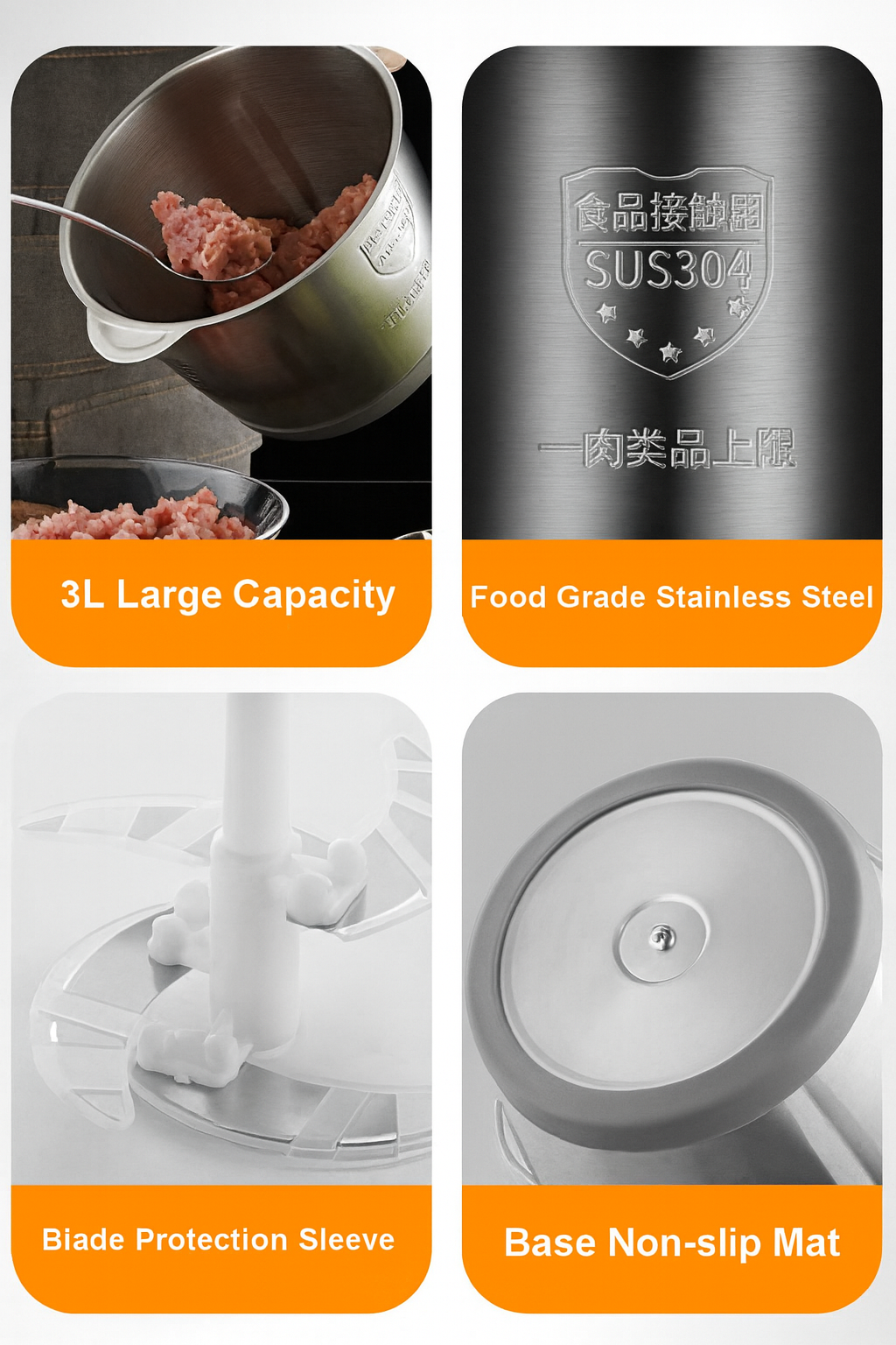 3L Electric Food Chopper Stainless Steel Double Blade Kitchen Grinder