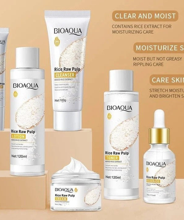 BIOAOUA 6Pcs Skin Care Set Rice Raw Pulp Essence Facial Moisturizing Care