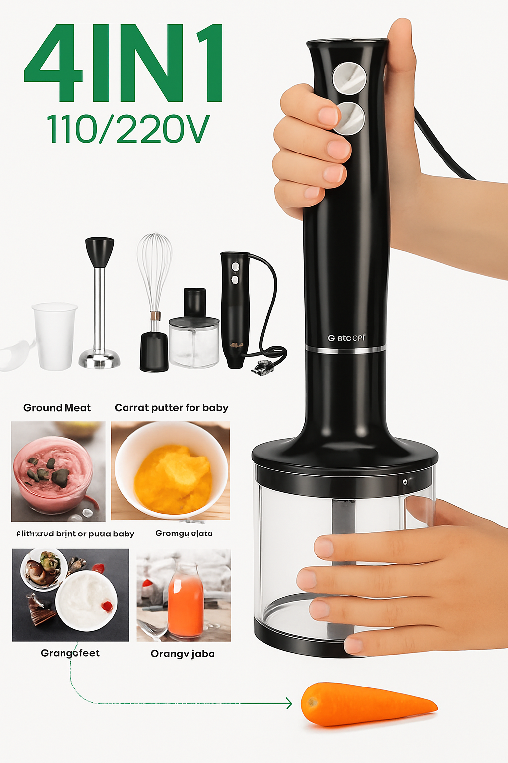 4-in-1 Hand Blender Set 500W with Chopper, Whisk & Beaker