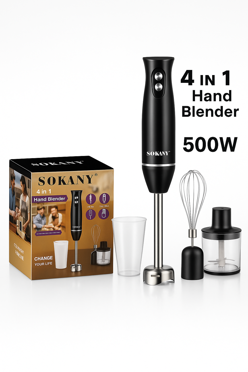 4-in-1 Hand Blender Set 500W with Chopper, Whisk & Beaker