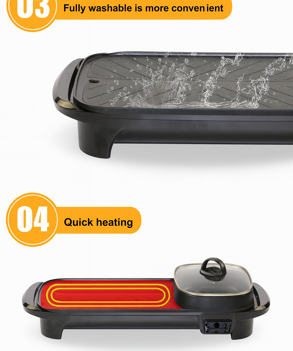 Electric Grill 2 in 1 Hot Pot Multi Cooker Non Stick Barbecue Pan