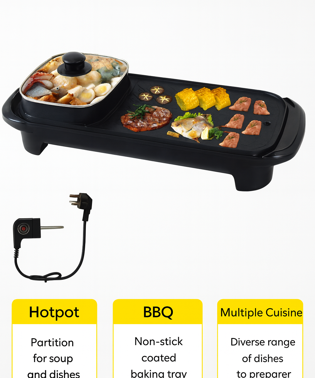 Electric Grill 2 in 1 Hot Pot Multi Cooker Non Stick Barbecue Pan
