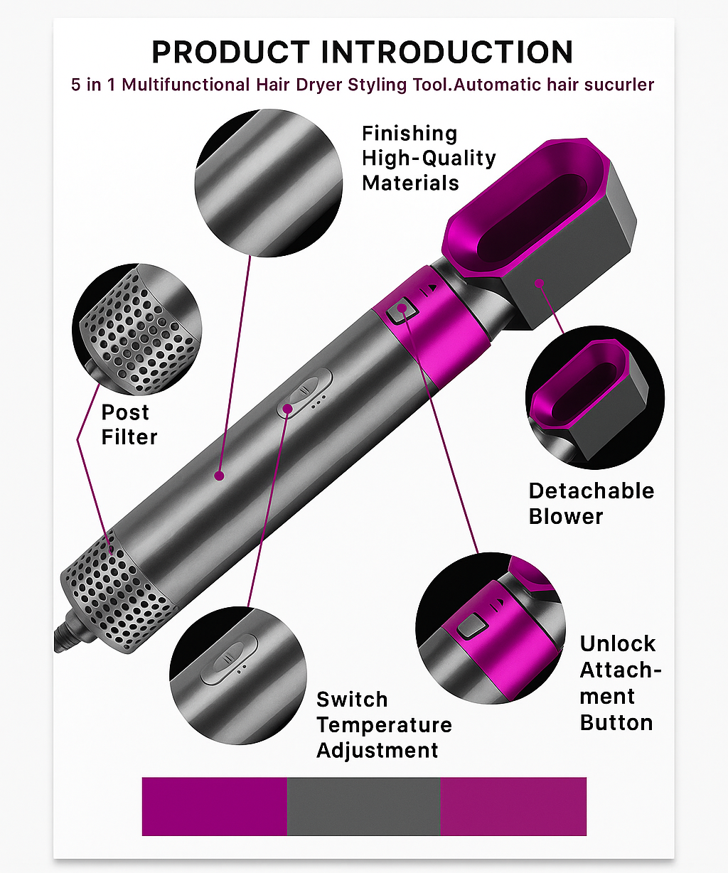 Hot Air Styler 5 in 1 Hair Dryer Brush Volumizer Straightener Curler Set