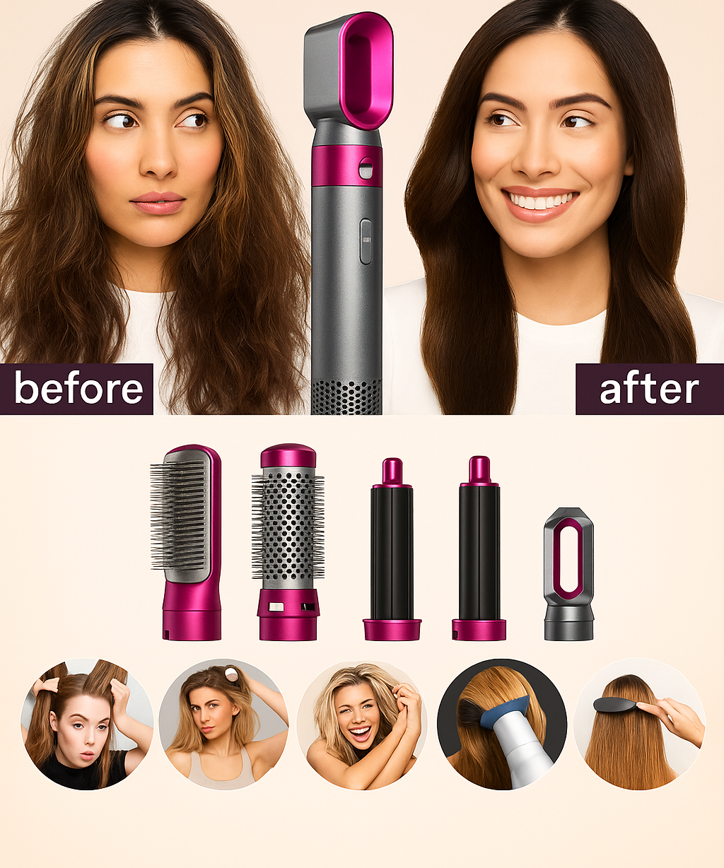 Hot Air Styler 5 in 1 Hair Dryer Brush Volumizer Straightener Curler Set