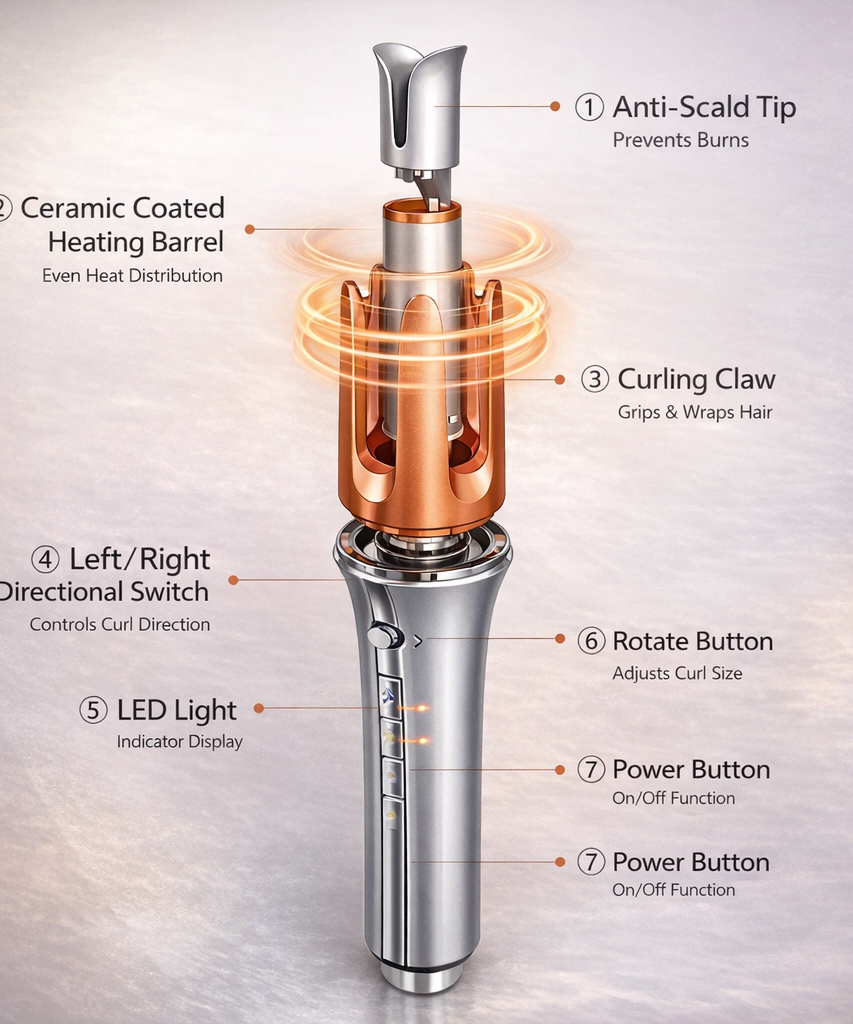 Automatic One-Touch Hair Curler 39W with Anti-Scald and Anti-Tangle Protection