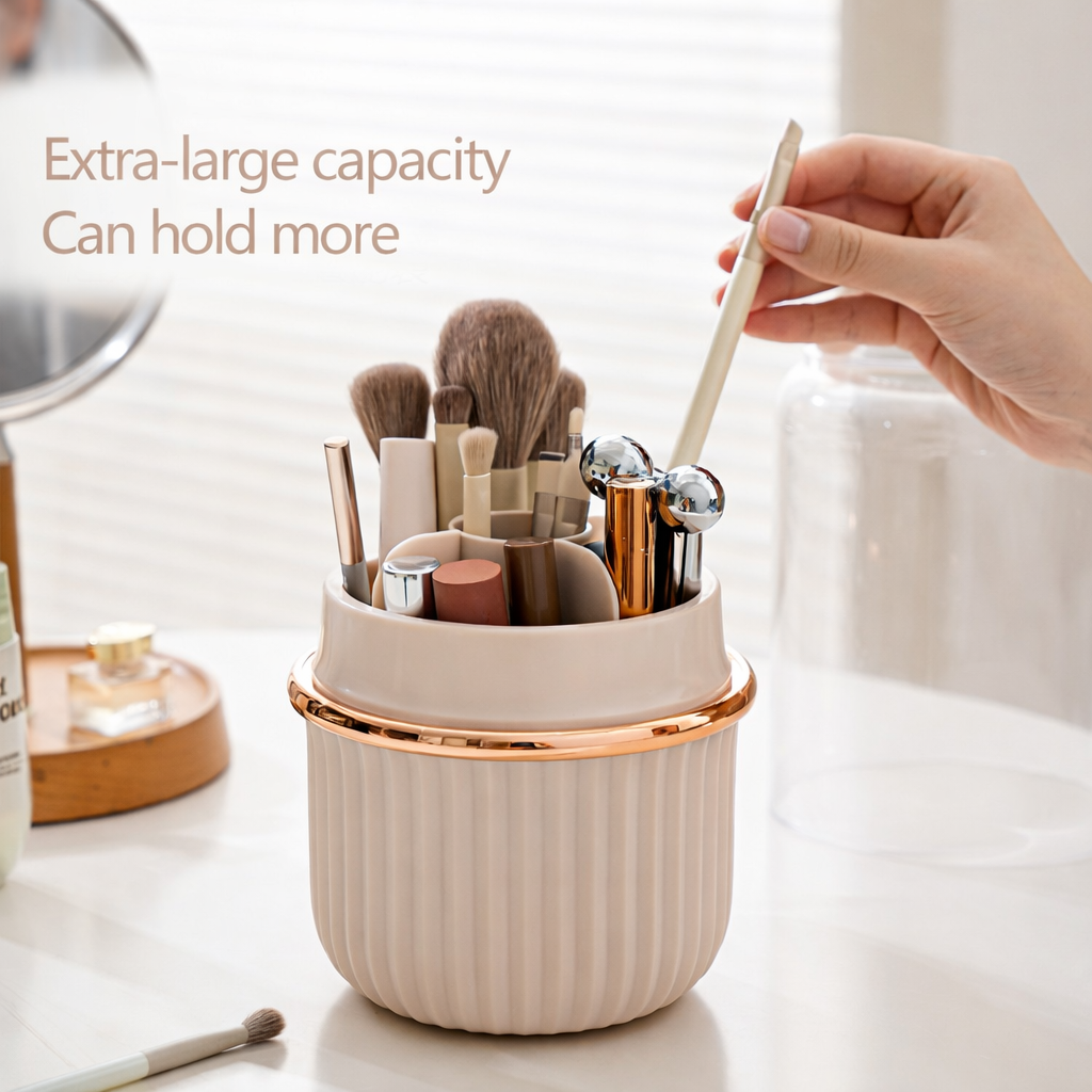 Rotating Makeup Brush Storage Bin 360 Degree Organizer with Dust Cover