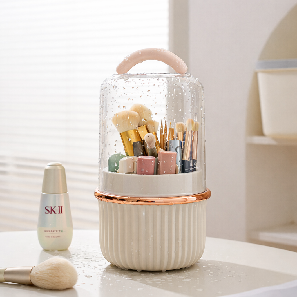 Rotating Makeup Brush Storage Bin 360 Degree Organizer with Dust Cover