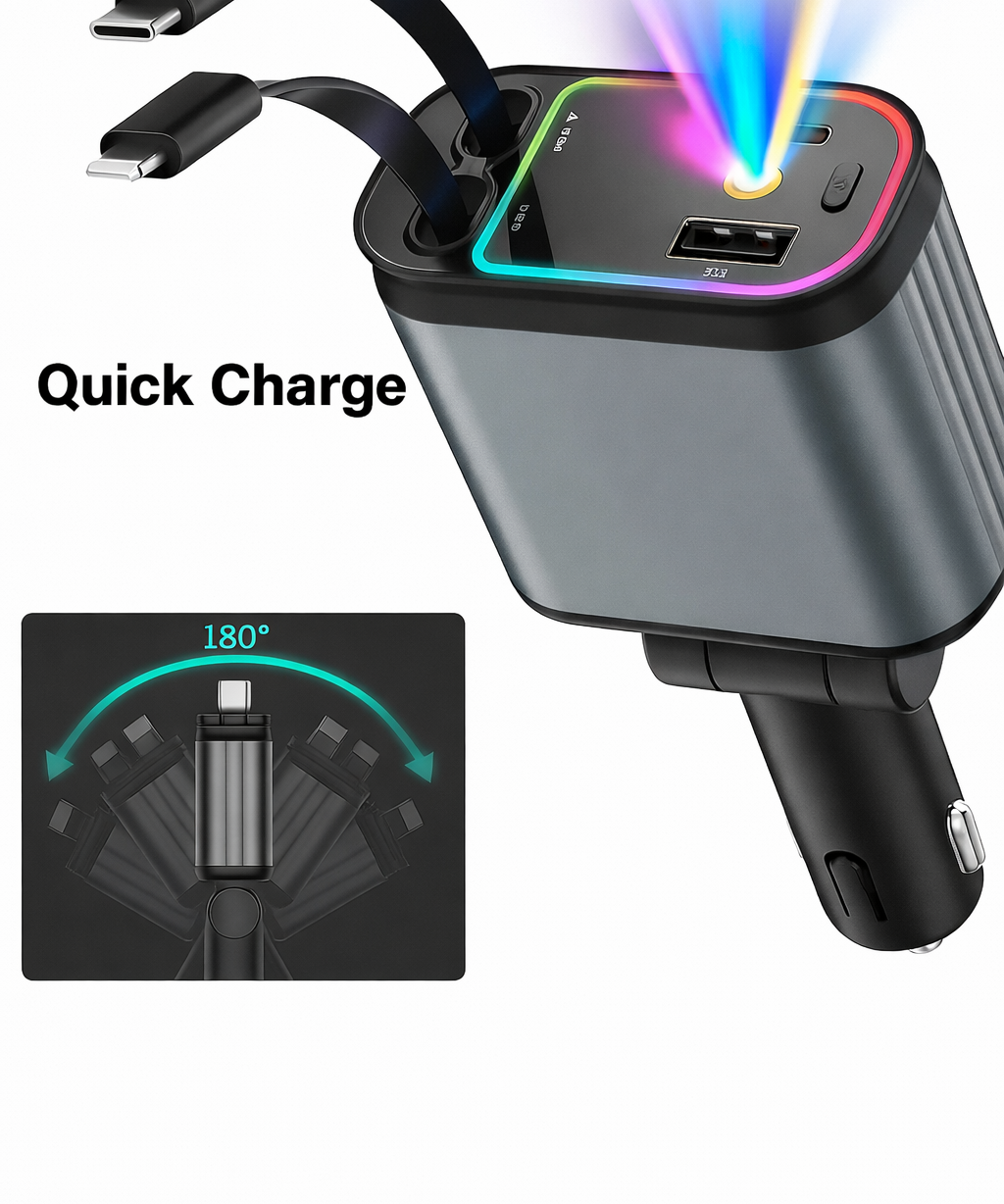 4-in-1 Car Charger with Retractable Cable & LED Light