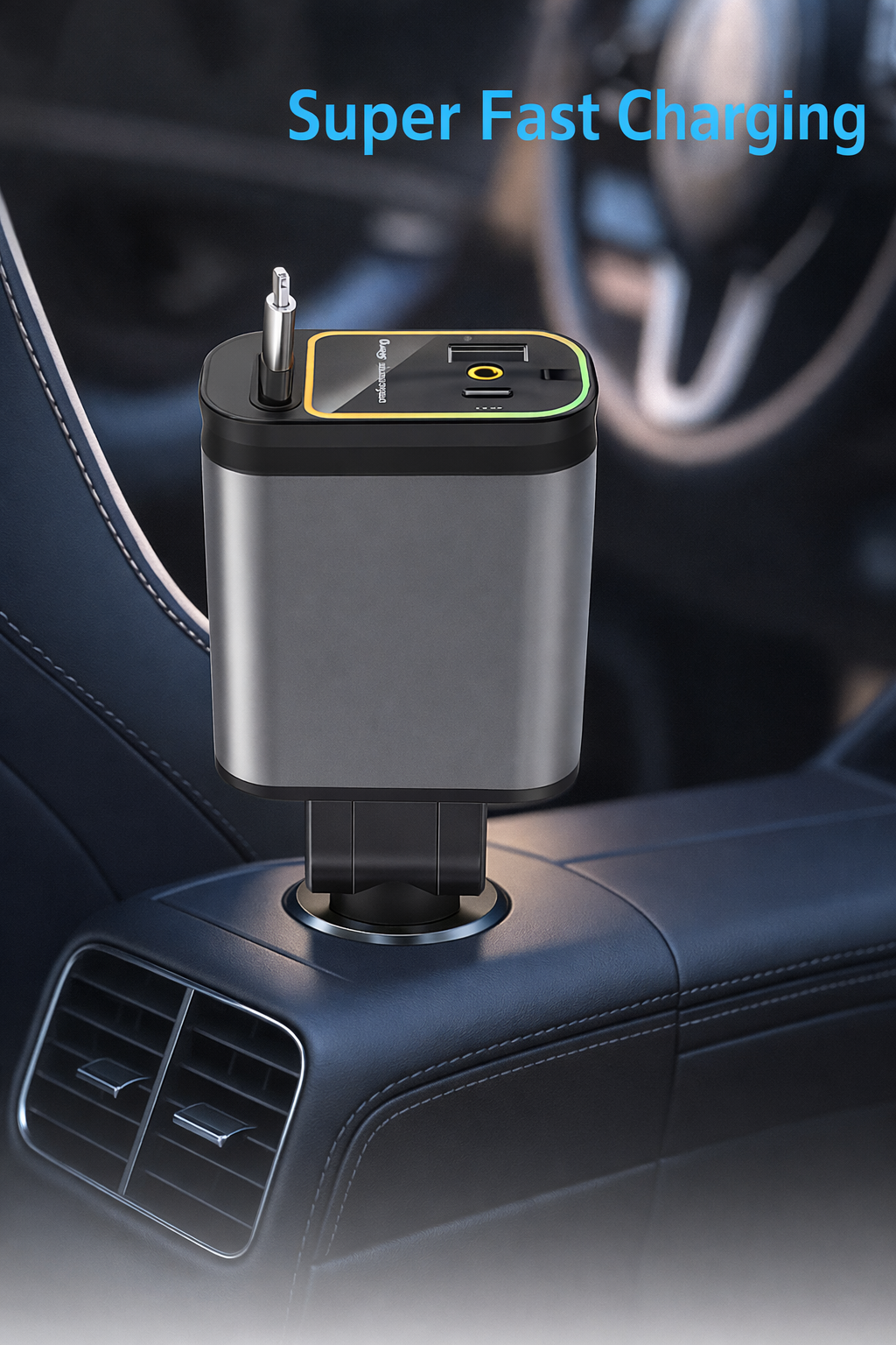4-in-1 Car Charger with Retractable Cable & LED Light
