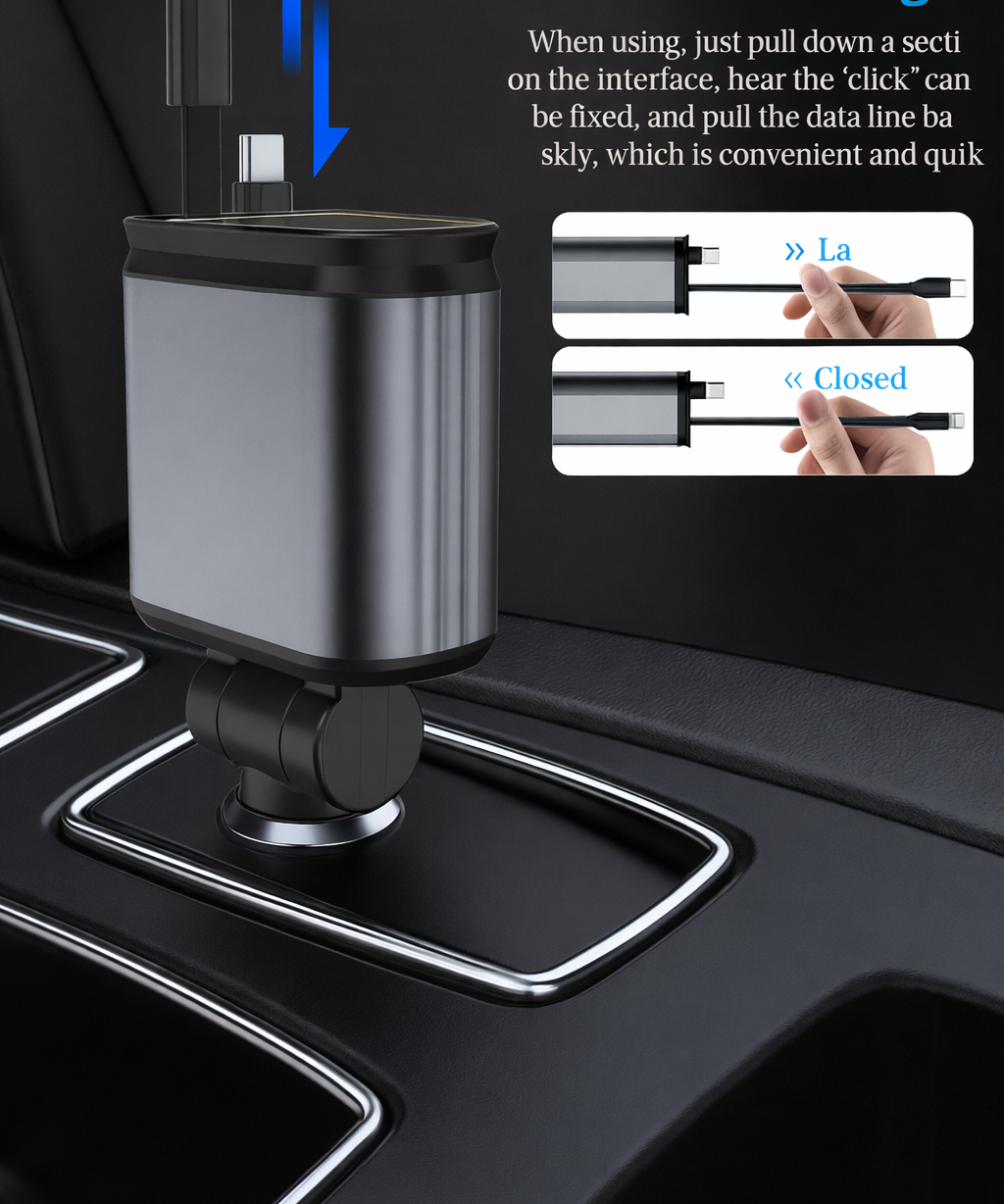 4-in-1 Car Charger with Retractable Cable & LED Light