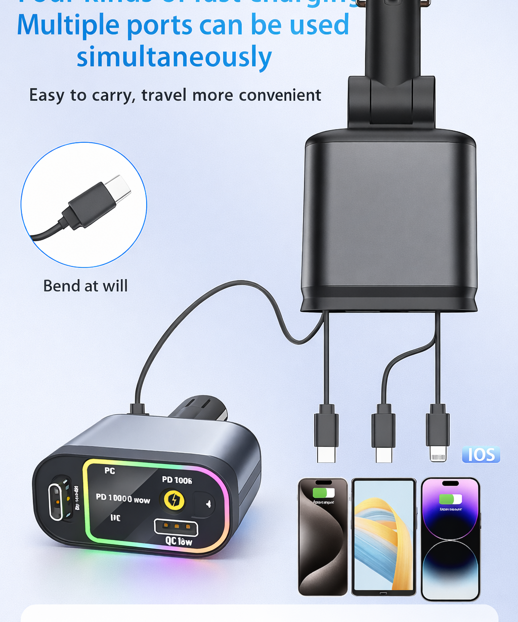4-in-1 Car Charger with Retractable Cable & LED Light