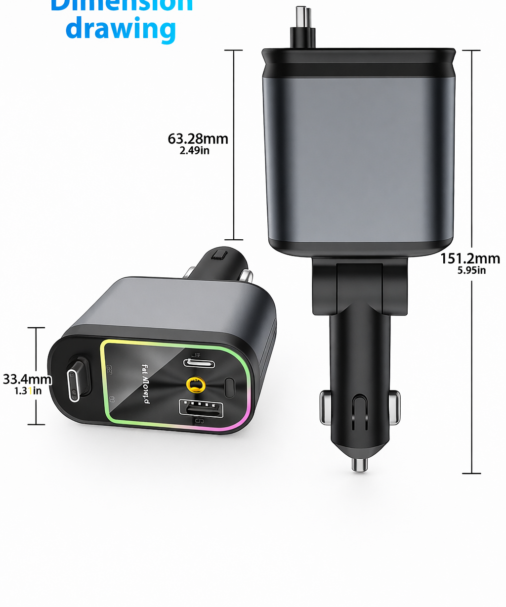 4-in-1 Car Charger with Retractable Cable & LED Light